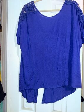Bella D. Crochet-Shoulder High-Low Blouse in Royal Purple